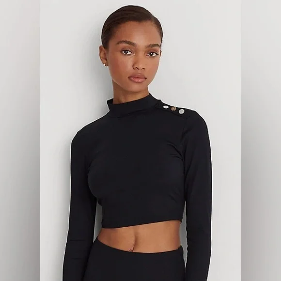 Lauren Ralph Lauren Ribbed Cropped Mockneck Rash Guard Black Swim TOP ONLY NEW - Picture 2 of 9